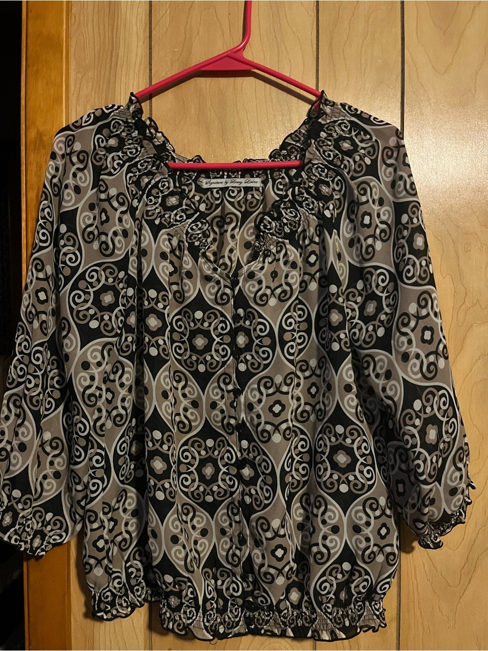 Signature by Larry Levine Black and Gray Printed Ruffled-Neck Blouse